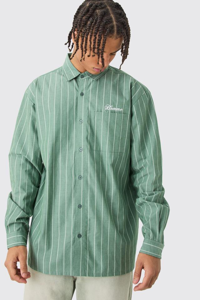 Mens Green Long Sleeve Oversized Embroidered Stripe Shirt, Green Product Image