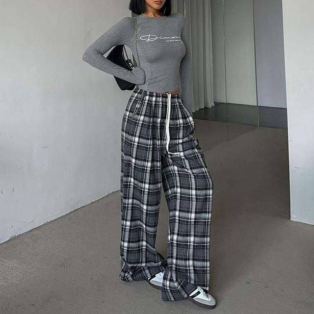 Drawstring Waist Plaid Wide Leg Pants Product Image