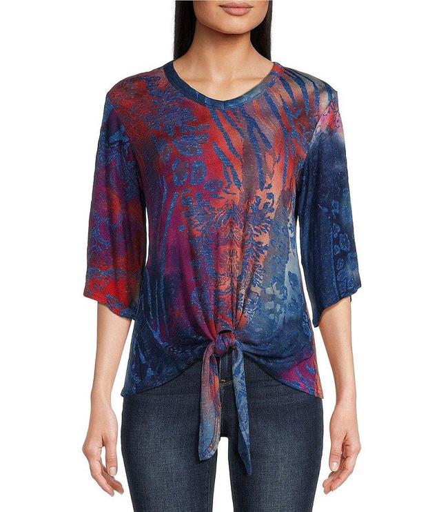 Calessa Space Tie Dye V-Neck 3/4 Sleeve Front Tie Top Product Image