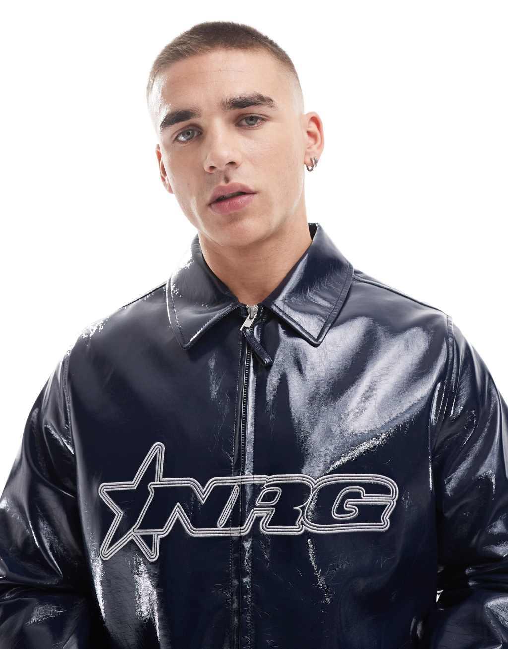 ASOS DESIGN faux leather hi-shine harrington jacket with embroidery in navy Product Image