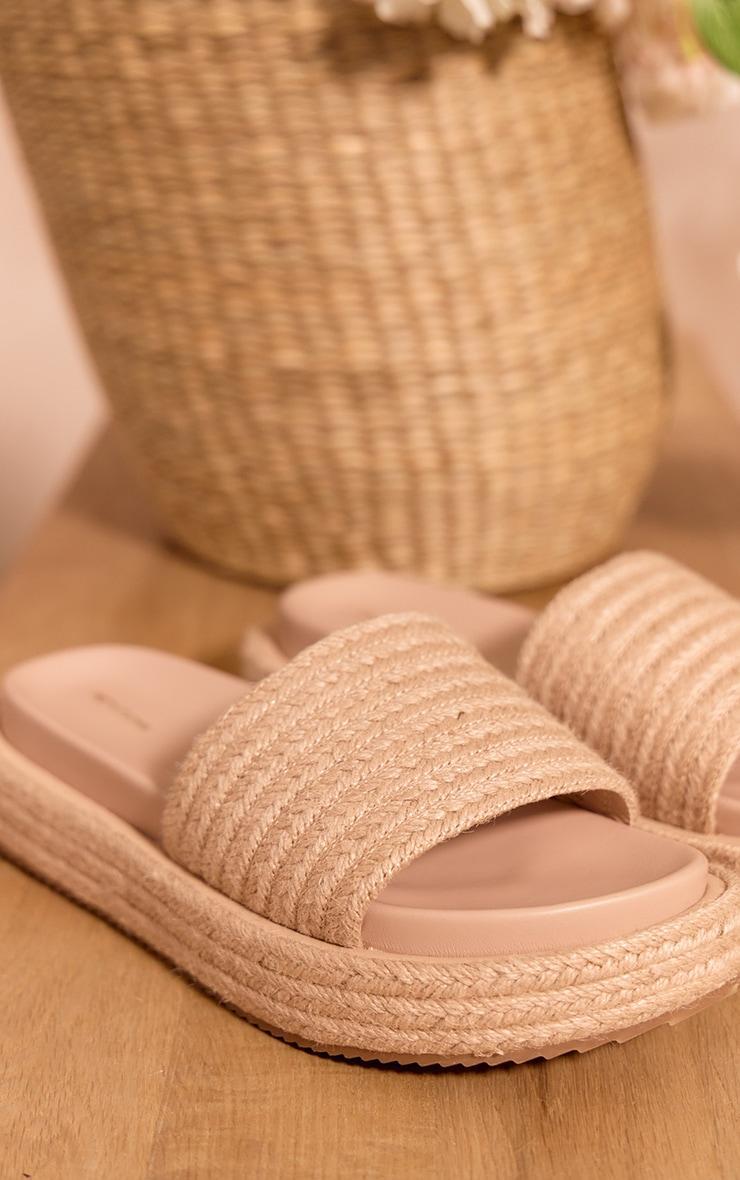 Natural Pu Round Toe Raffia Strap Platform Slider Sandals Product Image