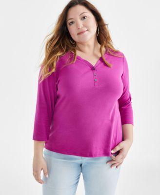 Plus Size 3/4-Sleeve Cotton Henley Top, Created for Macy's  Product Image