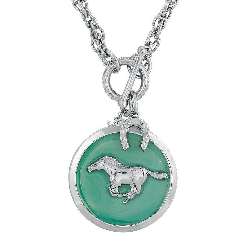 1928 Jewelry Silver Tone Turquoise Color Enamel Horse Pendant Toggle Necklace Product Image