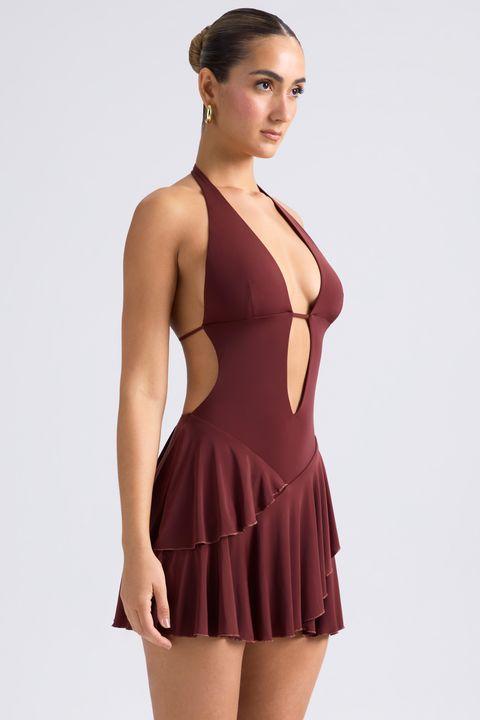 Ruffled Cut-Out Halterneck Mini Dress in Chestnut Brown Product Image