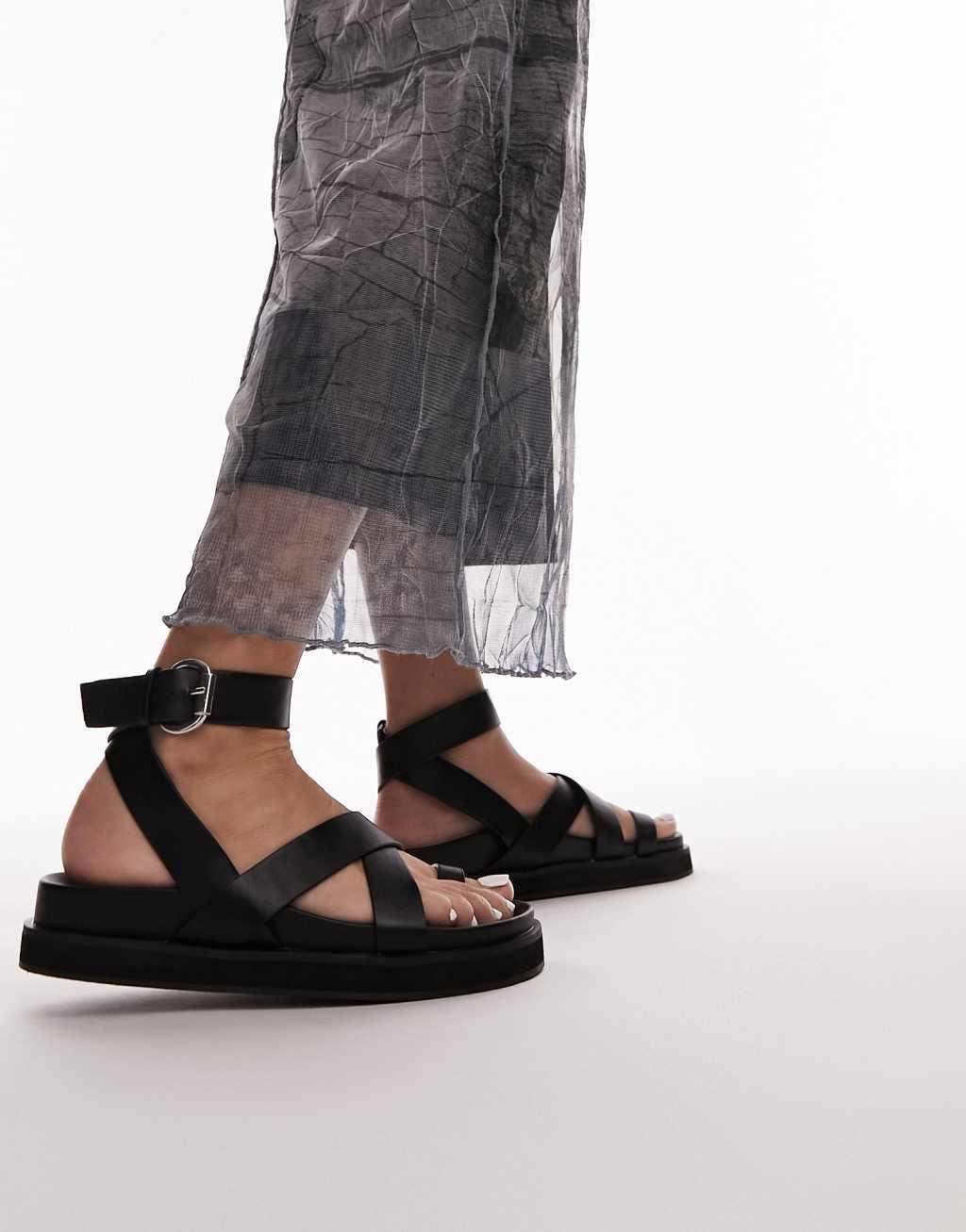 Topshop Jaydee strappy sandal with toe loop in black Product Image