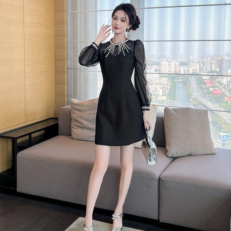 Long-Sleeve Round Neck Rhinestone Mini A-Line Dress Product Image