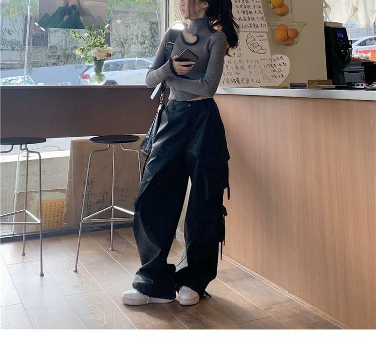 Long-Sleeve Turtleneck Plain Cut Out Knit Top / Mid Rise Plain Wide Leg Cargo Pants Product Image