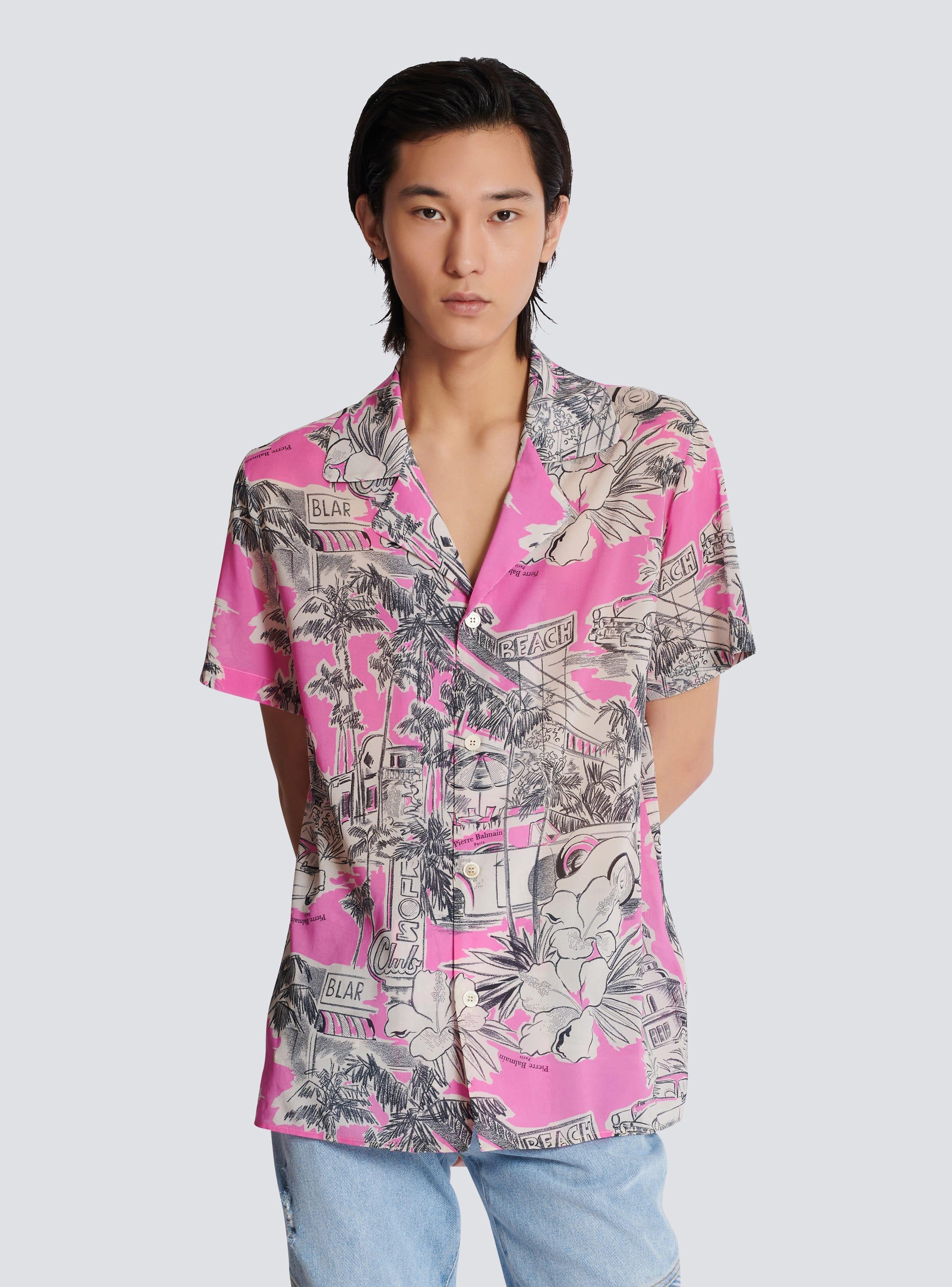 Short-sleeved silk pyjama shirt with Miami print Product Image