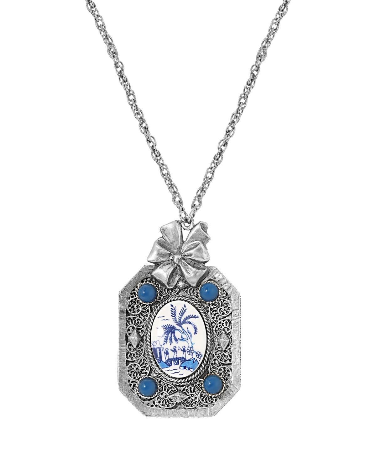 1928 Silver Tone Oval Blue Willow Mirror Necklace, Womens Product Image