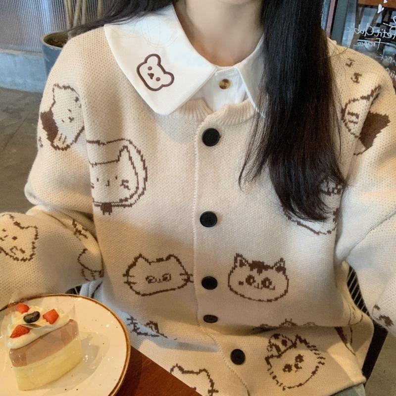 Long-Sleeve Cat Embroidery Shirt / Button-Up Cardigan / High Rise Wide Leg Pants Product Image