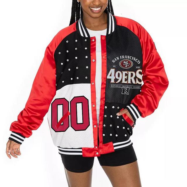 Womens Gameday Couture Scarlet/Black San Francisco 49ers Oversized Hot Shot Rhinestone Throwback Full-Snap Varsity Bomber Jacket Product Image