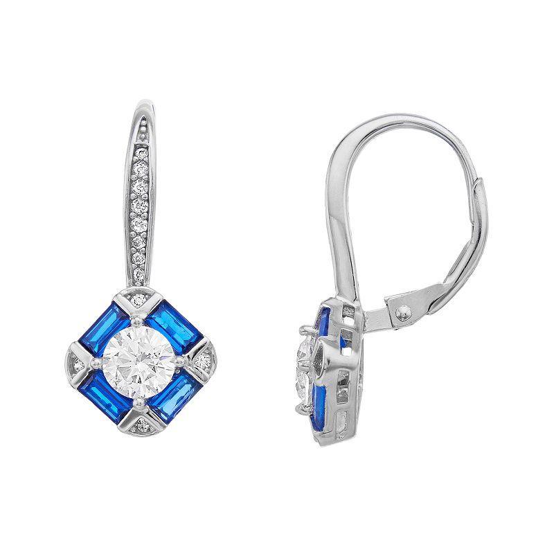 Sterling Silver Blue & White Cubic Zirconia Leverback Earrings, Womens Product Image