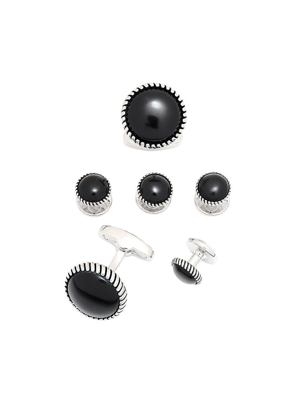 Mens 6-Piece Onyx & Brass Round Stud & Cufflinks Set Product Image