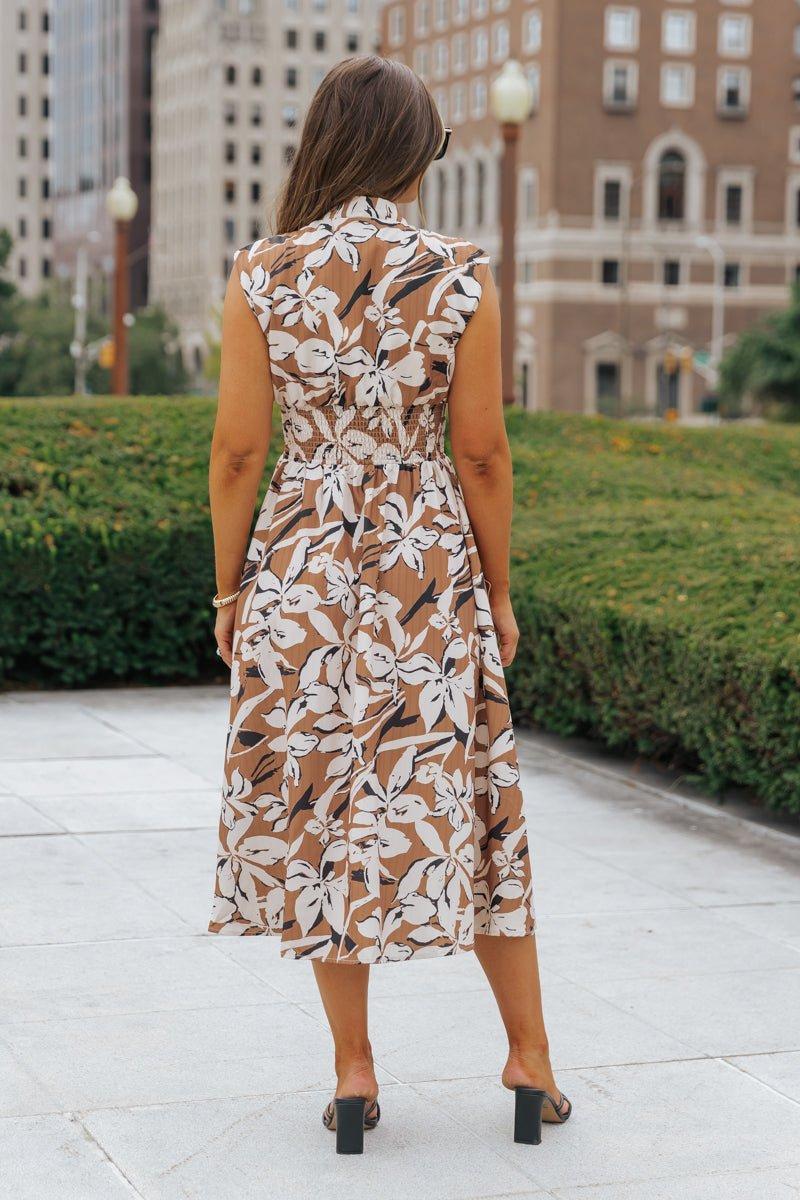 Brown Floral Zip Up Midi Dress - FINAL SALE Product Image