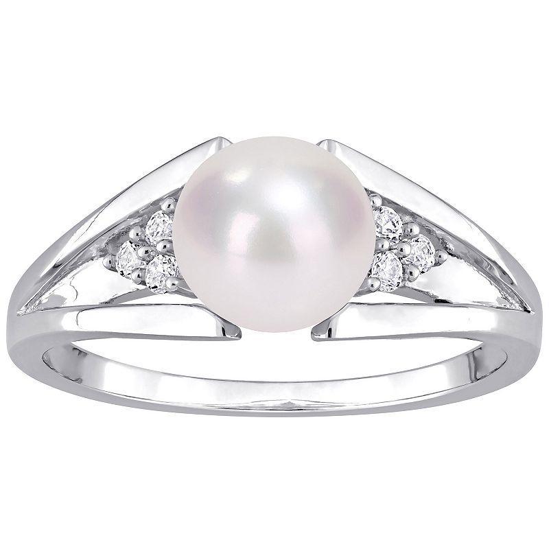 Stella Grace Sterling Silver Freshwater Cultured Pearl & Diamond Accent Split-Shank Ring, Womens Product Image