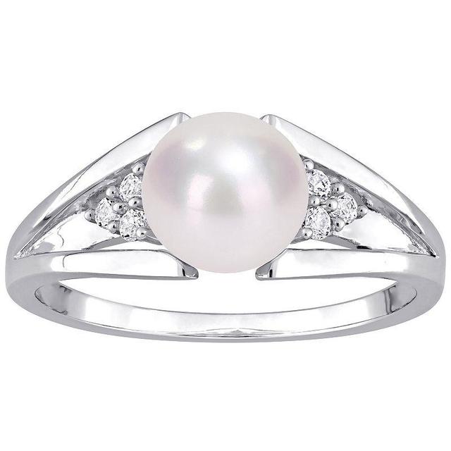 Stella Grace Sterling Silver Freshwater Cultured Pearl & Diamond Accent Split-Shank Ring, Womens White Product Image