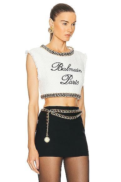 BALMAIN Signature Embroidered Tweed Crop Top White. (also in ). Product Image