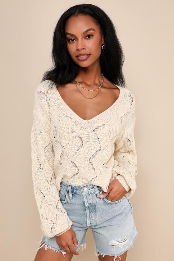 Cute Lifestyle Cream Pointelle Knit V-Neck Sweater Top Product Image