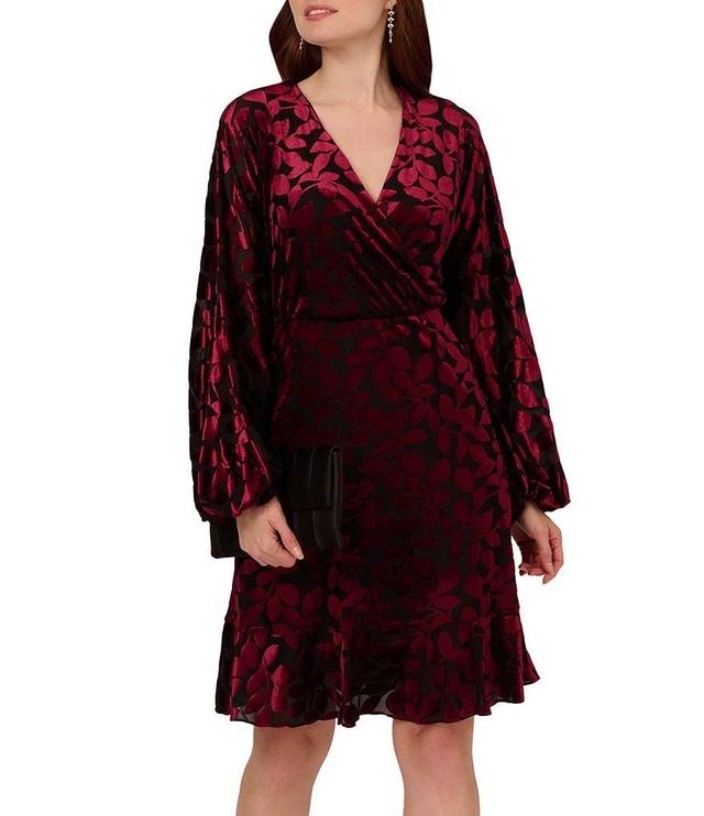 Adrianna Papell Velvet Burnout Surplice V-Neck Long Sleeve Faux Wrap Mini Dress Product Image