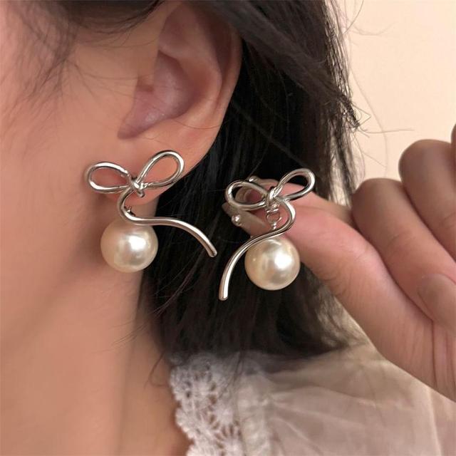 Alloy Bow Faux Pearl Earrings Product Image