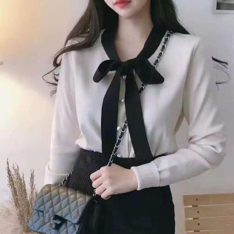 Long-Sleeve Tie-Neck Faux Pearl Accent Contrast Trim Knit Top Product Image