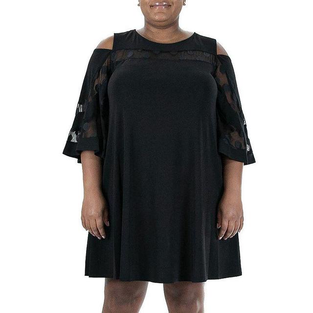 Plus Size Nina Leonard Mesh Yoke Cold-Shoulder Swing Dress, Womens Product Image