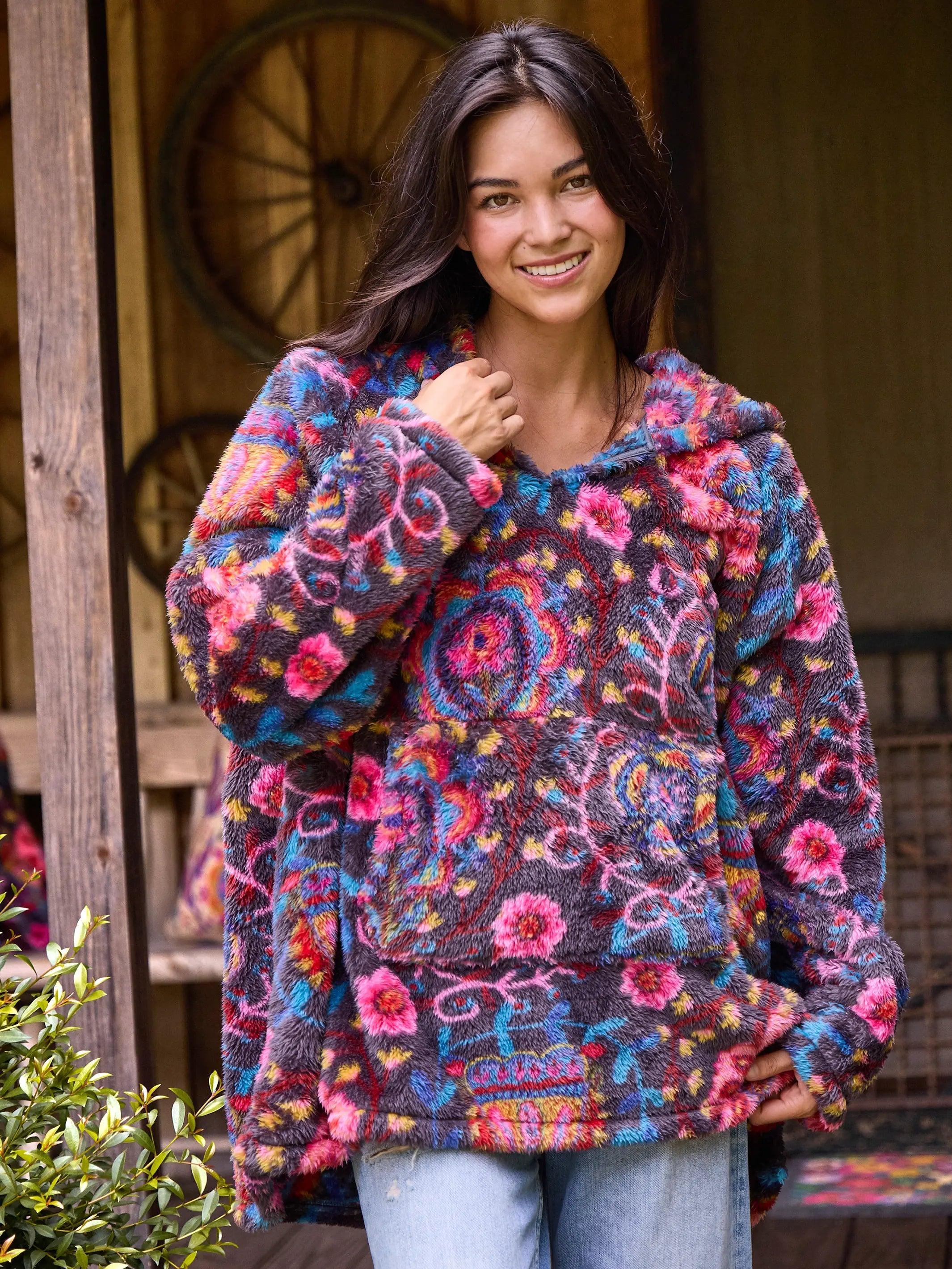 Oversized Blanket Hoodie - Black Printed Folk Circles Product Image