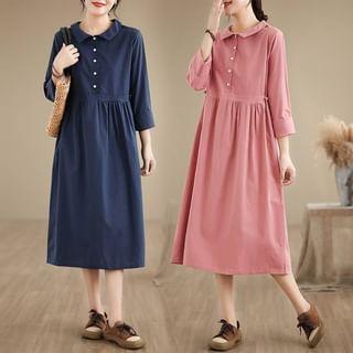 3/4 Sleeve Lapel Neck Loose Fit Midi Dress Product Image