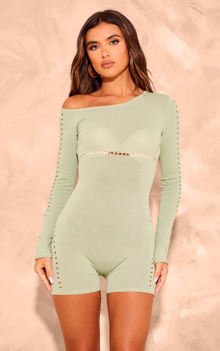 Sage Green Sheer Knit Cut Out Detail Romper Product Image