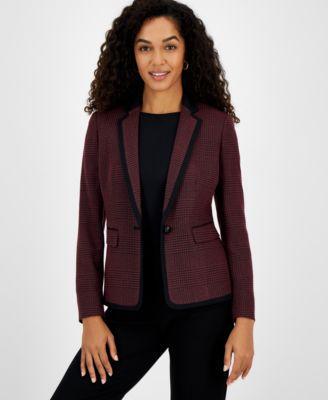 Petite Plaid Contrast-Trim One-Button Blazer Product Image