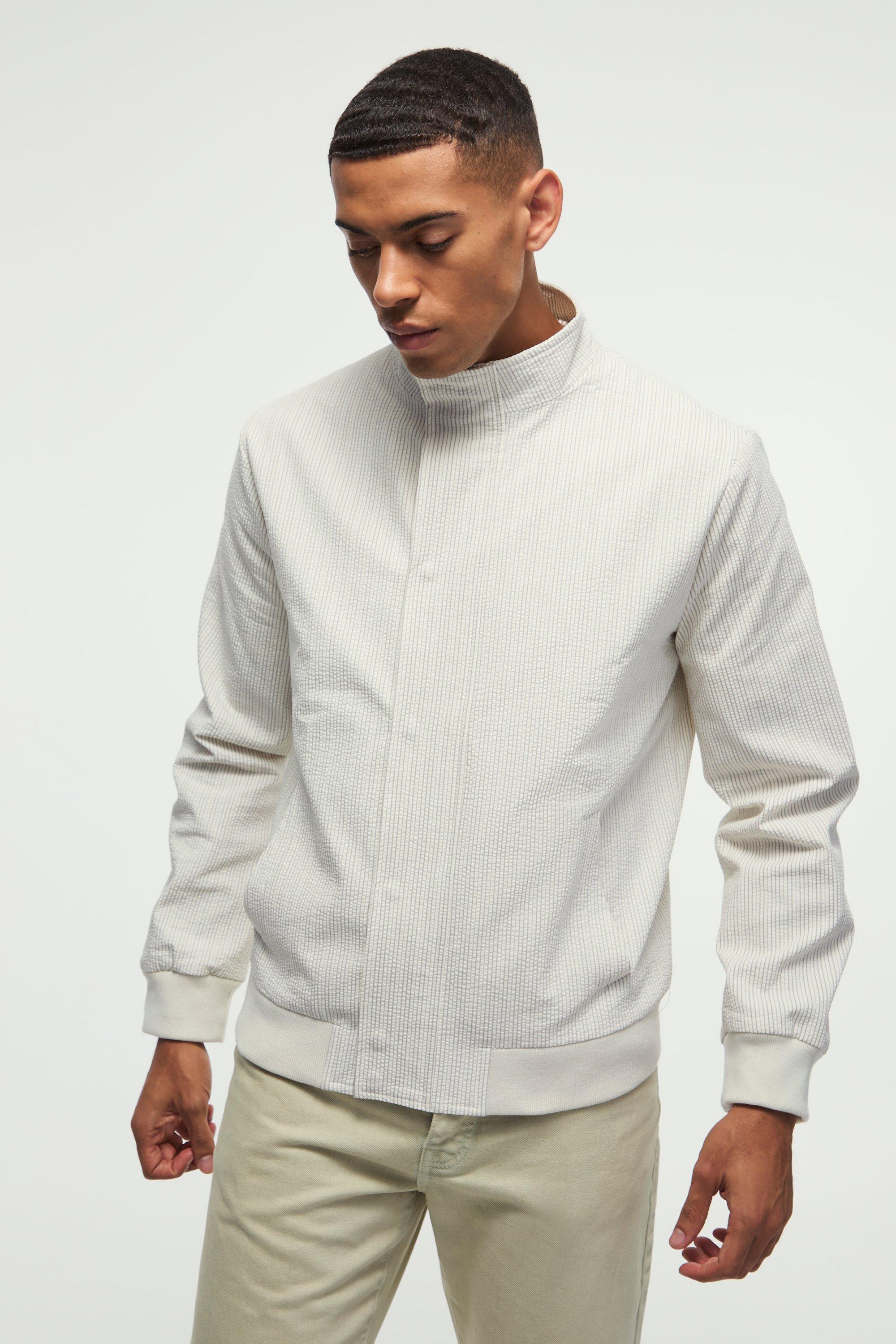 Stripe Seersucker Funnel Neck Smart Jacket | boohooMAN USA Product Image