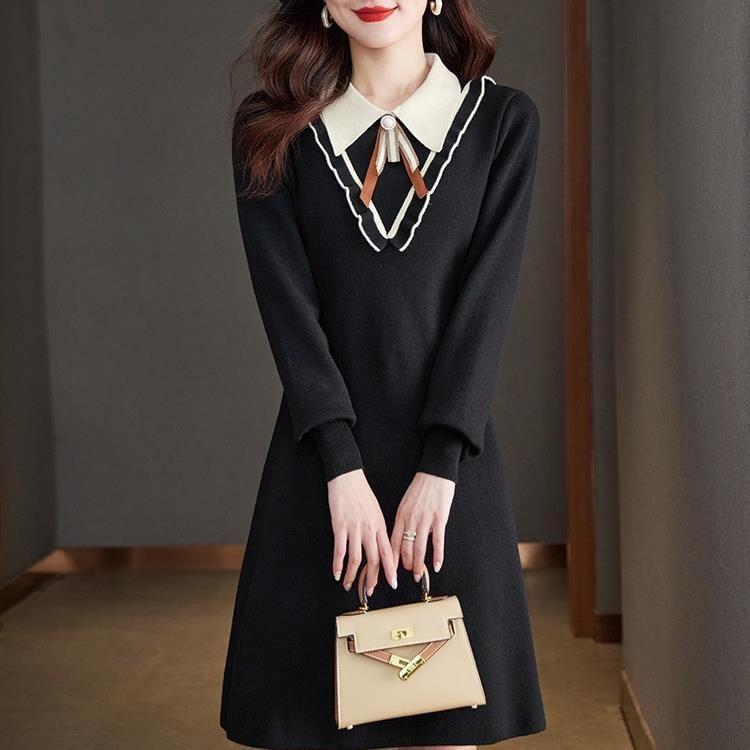 Long Sleeve Collared Bowknot Mini A-Line Dress Product Image