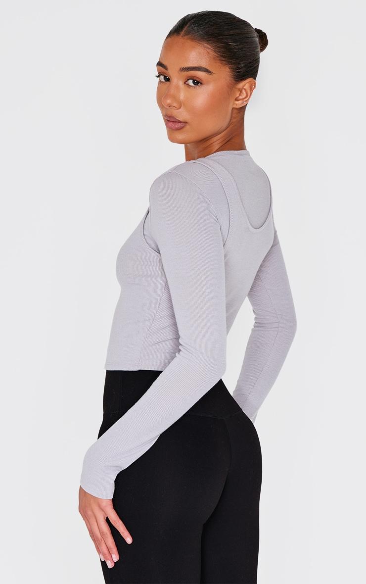 Grey Marl Ribbed Double Layer Detail Long Sleeve Top Product Image