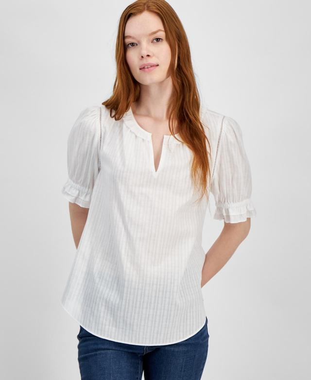 Women's Cotton Tonal-Stripe Puff-Sleeve Blouse Product Image