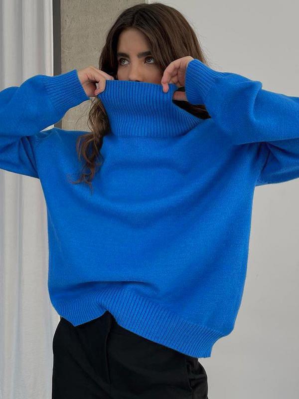 Casual Long Sleeves Loose Solid Color High-Neck Sweater Tops Product Image