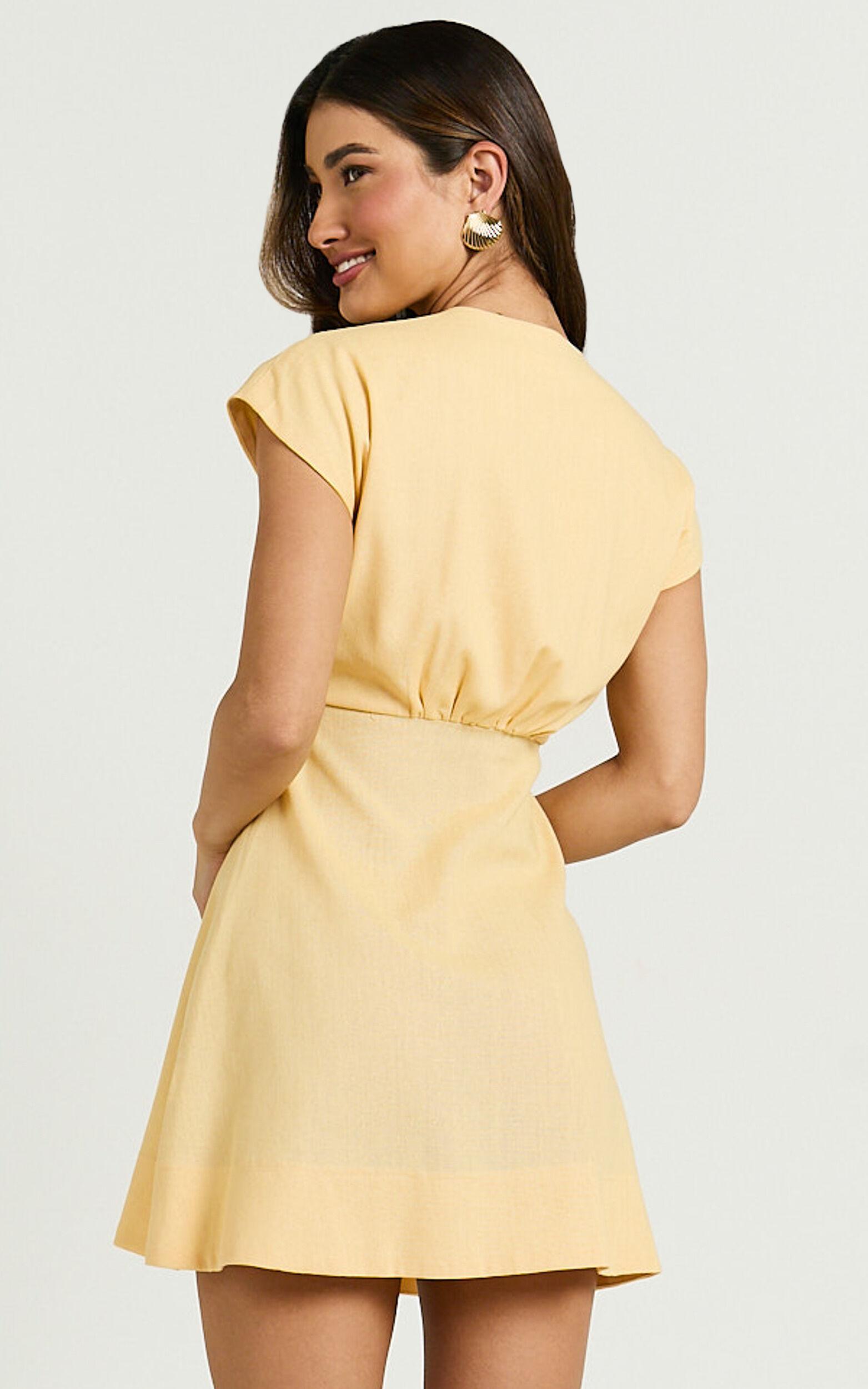 Tallulah Mini Dress - Linen Look V Neck A Line Dress in Lemon Product Image