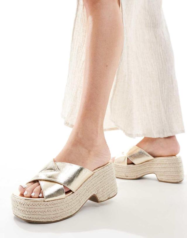 ASOS DESIGN Toy cross strap wedges in gold Product Image