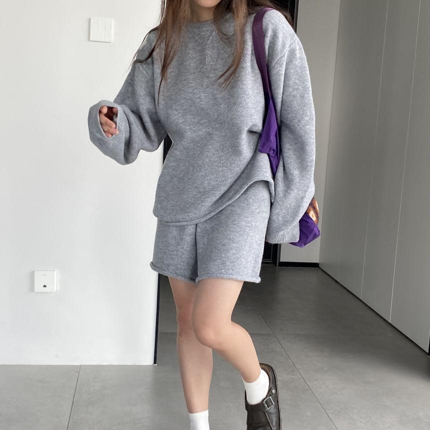 Set: Round Neck Plain Oversized Sweater + High Waist Shorts Product Image