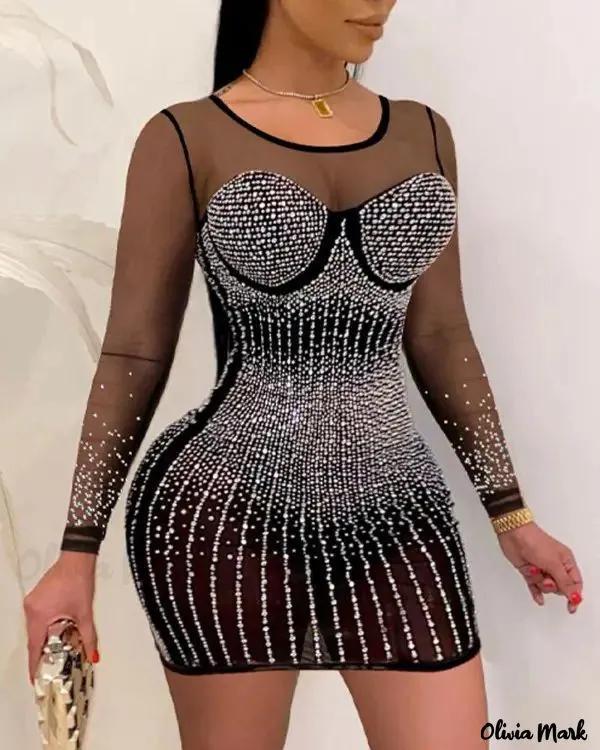 Olivia Mark – Contrast Mesh Long Sleeve Evening Dress with Rhinestones Product Image