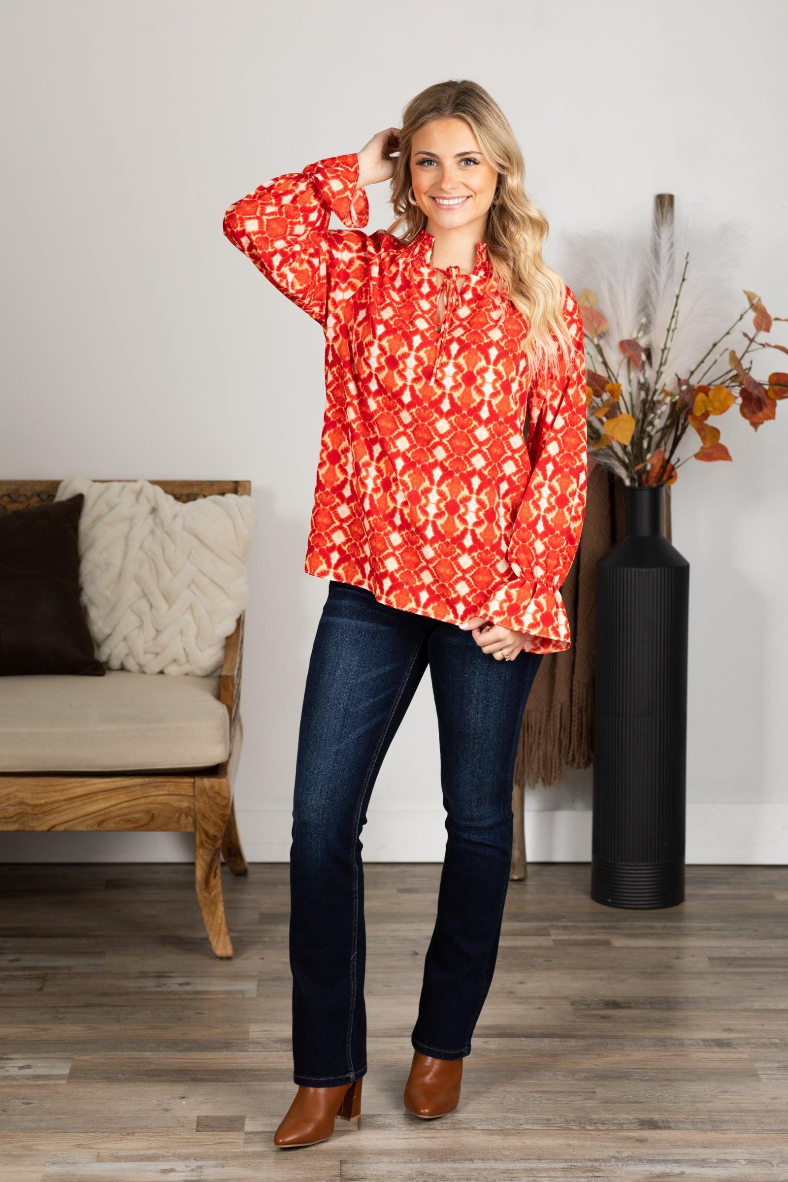 Red and Peach Boho Print Notch Neck Top Product Image