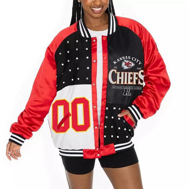 Womens Gameday Couture /Black Kansas City Chiefs Oversized Hot Shot Rhinestone Throwback Full-Snap Varsity Bomber Jacket Product Image