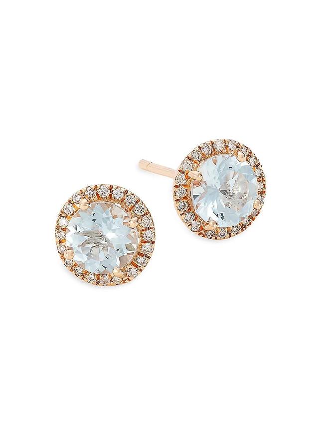 Womens 14K Rose Gold, Aquamarine, & 0.16 TCW Diamond Halo Stud Earrings Product Image