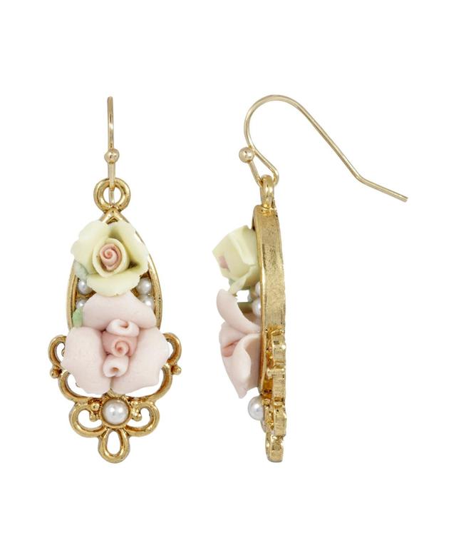 1928 Gold Tone Filigree with Pink & Yellow Porcelain Rose Drop Earrings, Womens Product Image