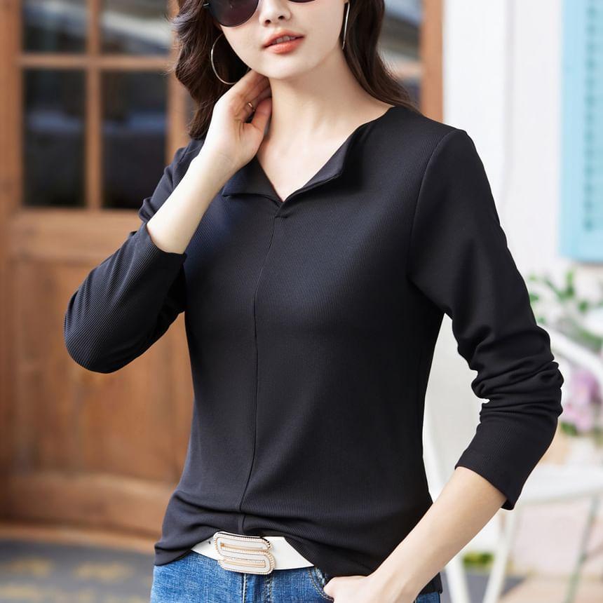 Long-Sleeve V-Neck Plain Ribbed Tee Product Image