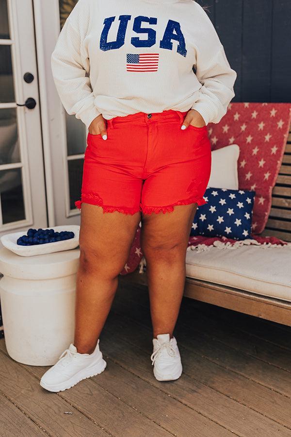 Risen Allison High Waist Distressed Shorts in Red Curves Product Image