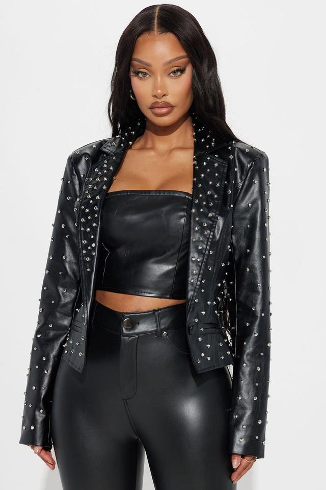 Star Studded Faux Leather Blazer - Black Product Image