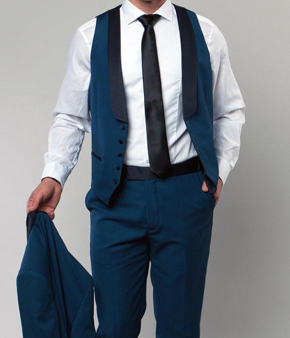 Blue Slim Fit Tuxedo 3 Piece with Satin Shawl Collar Vest Product Image