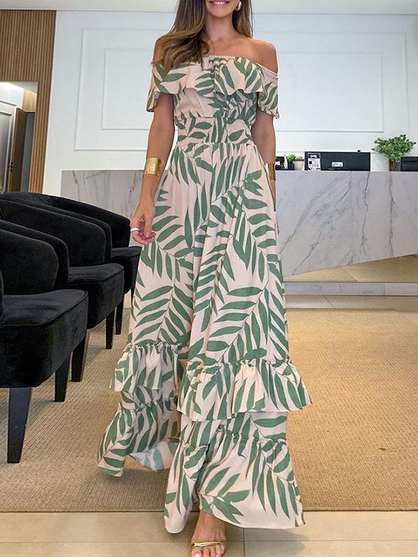 Loose Short Sleeves Elasticity Falbala Leaf Printed Off-The-Shoulder Maxi Dresses Product Image