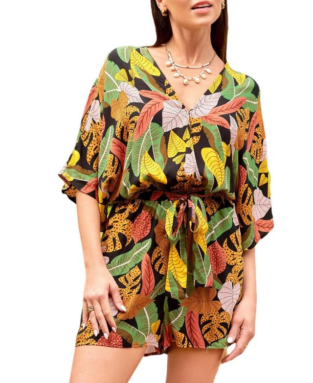 Cupshe Womens Tropical Leaf Surplice Wide Leg Romper Product Image