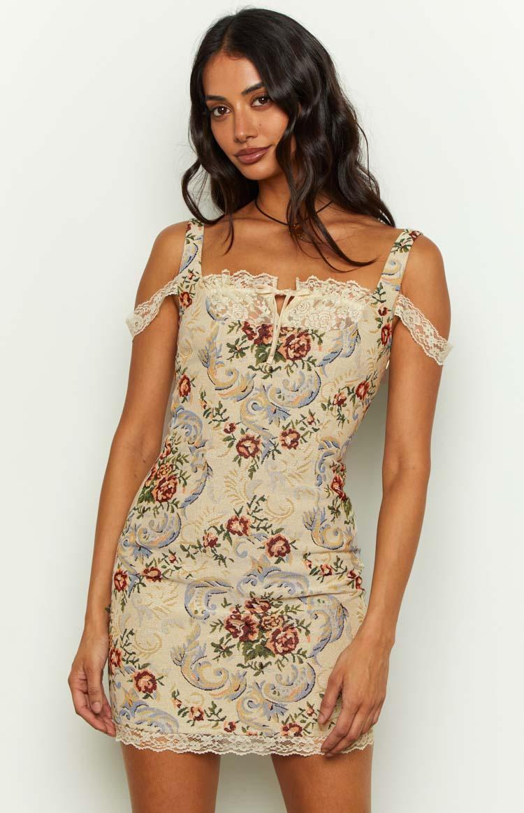 Daydreaming Beige Tapestry Mini Dress Product Image